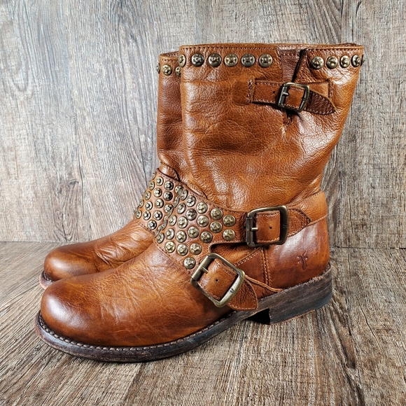 Frye Jenna Women's 6 B Brown Distressed Leather Studded Moto Short Buckle Boots - Picture 3 of 13